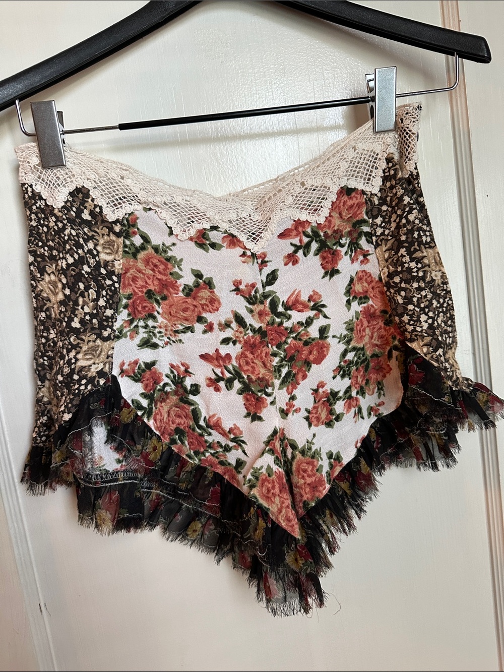 Free People Multi-Pattern Lace-Edged Bandana Scarf in Pink and Brown